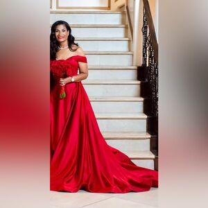 Off the shoulder satin wedding gown